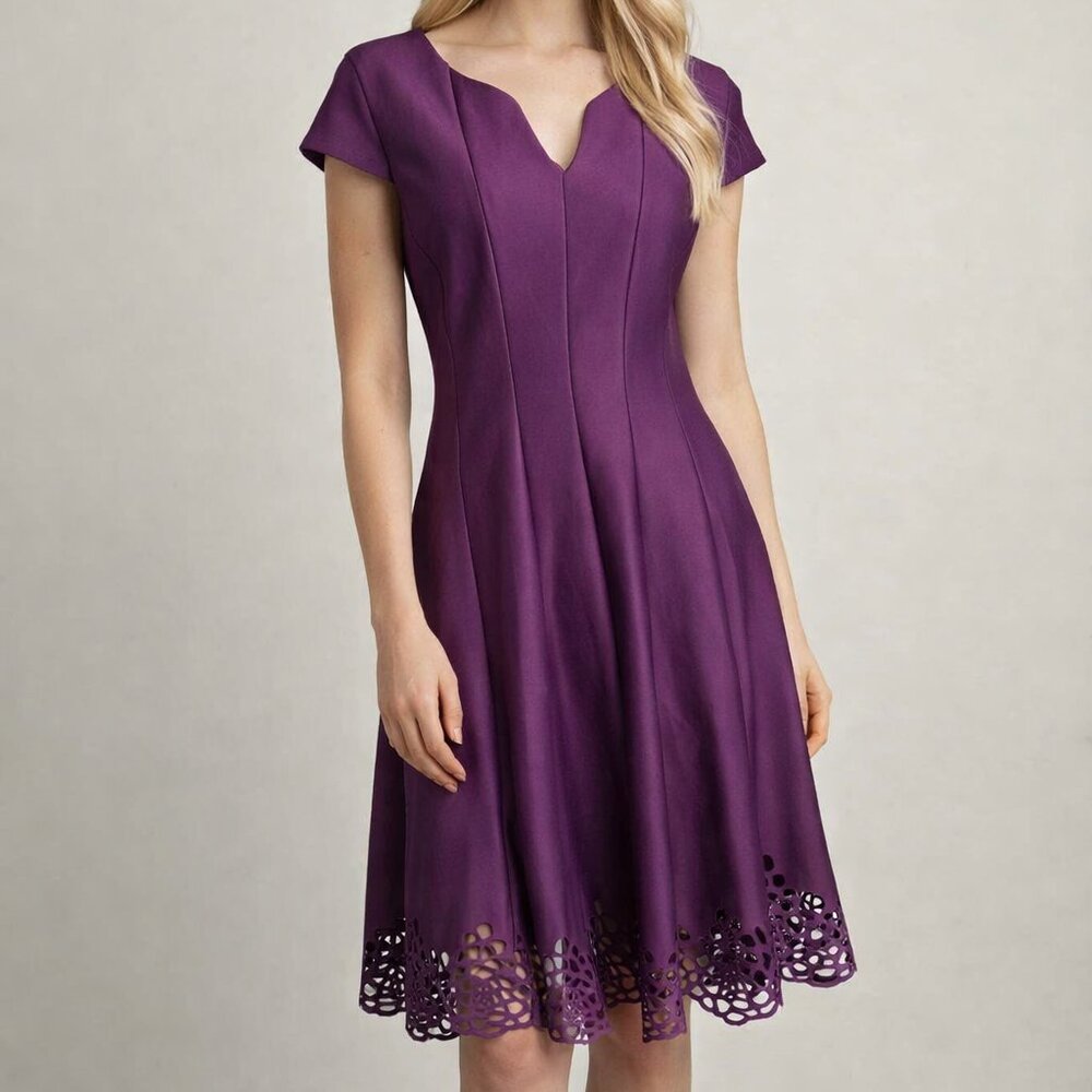 Roz & Ali fit-and-flare dress with an eyelet hem and v-neck size 12